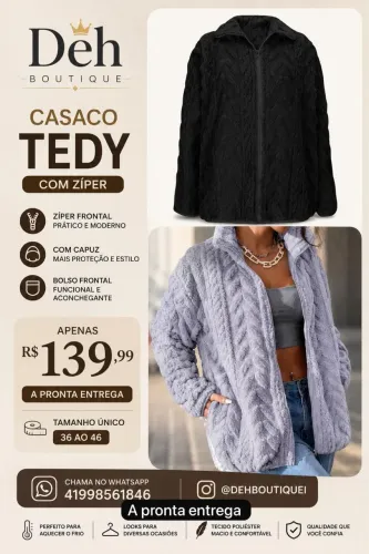 Vendo casaco tedy com zíper bolso frontal capuz querido 3 d veste do P ao G