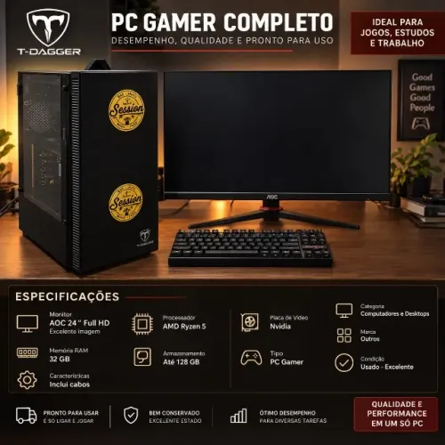 PC GAMER, 32GB, Armazenamento 128GB, processador AMD Ryzen, placa de video Nvidia