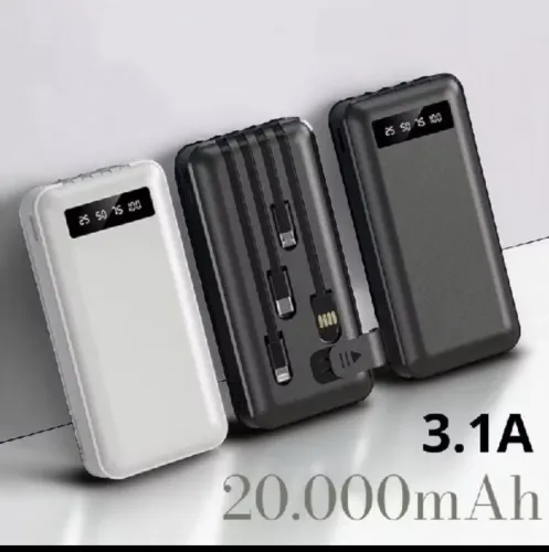 Power Bank Portátil 20000mAh com 4 Cabos Carregador Universal para Celular