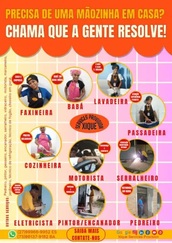 Faxineira, eletricista, jardineiro, vidraceiro, lavadeira, passadeira 