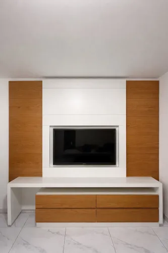 Painel de TV MDF alto padrão laminado carvalho - 253cm 