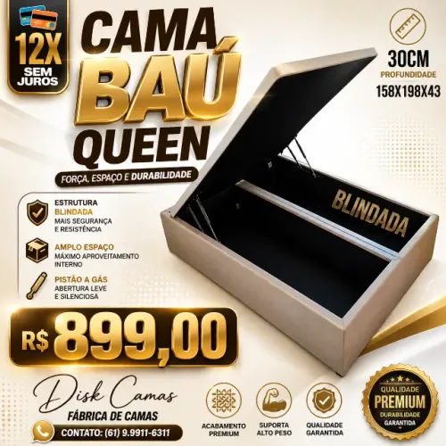 Cama Baú Queen Blindada por Apenas R$899 - Medida 158x198x43 com 30cm de Profundidade!
