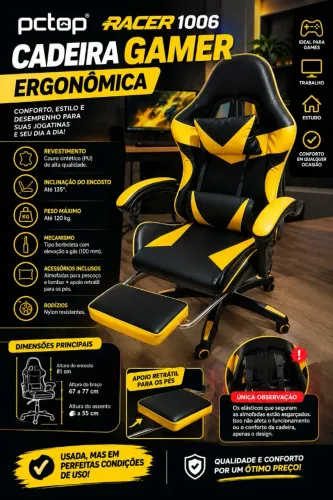 Cadeira Gamer Pctop Racer 1006 Ergonomica Preta Amarela Couro Sintetico