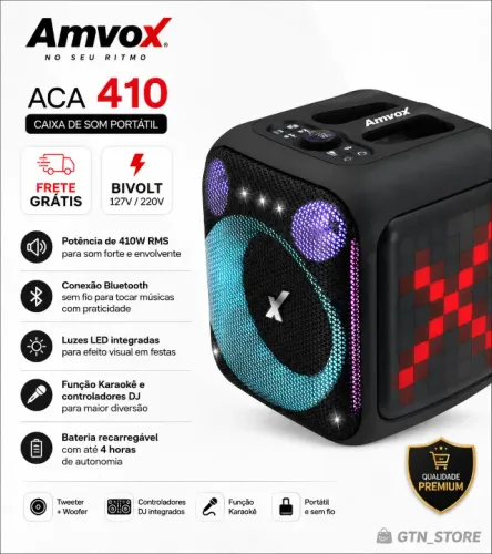Caixa De Som 410w Amvox Aca 410 Neon Woofer 6 Led Bt Tws Bivolt 