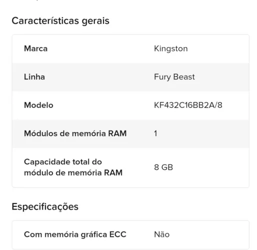MEMÓRIA KINGSTON 8gb ddr4 3200 Mh