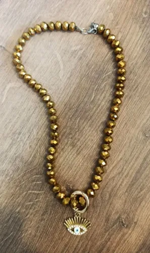 Colar cristais dourado pingente olho grego