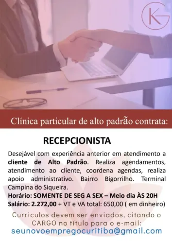 Recepcionista para Clínica no Bigorrilho