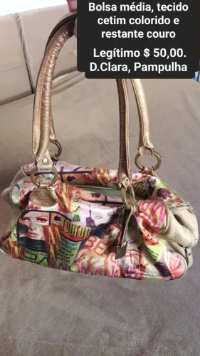 Bolsa couro detalhes dourado, tecido cetim