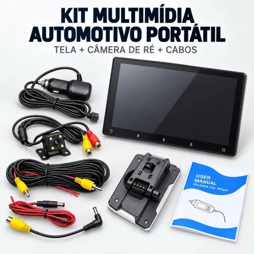 Kit Multimídia Automotivo Portátil com Tela + Câmera de Ré + Cabos