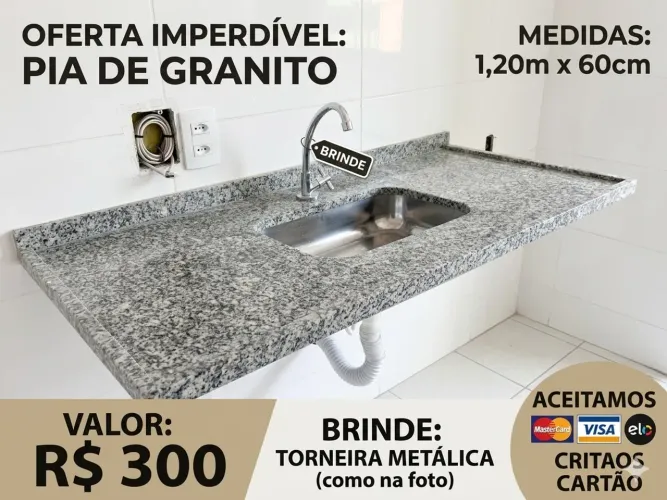 Pia cozinha granito 1.20 x 60 com Cuba inox mais torneiras metálicas de brinde 
