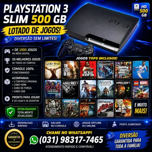 PS3 SLIM 500GB, LOTADO DE JOGOS TOPS