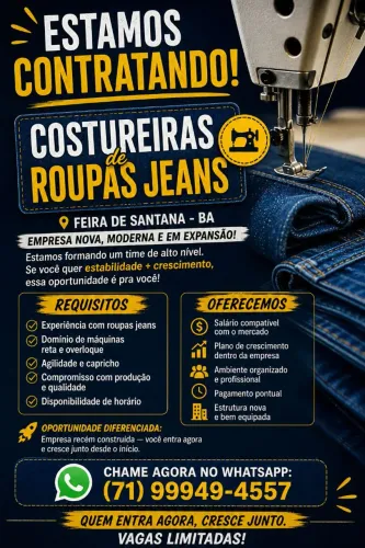 Contratamos proficional que trabalhe com costura de Jean's