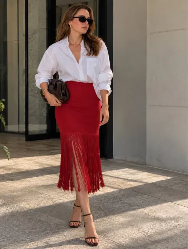 Saia P/M Midi Lafort de Tricot Vermelha com Franjas