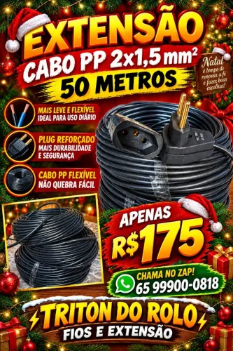 Extensão Cabo PP 2x1.5 mm Flexível 50 Metros