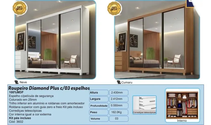 Guarda Roupa Casal Diamond MDF - 3 espelhos
