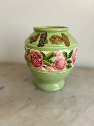 Vaso de Flor Vintage Verde com Flores - OAB