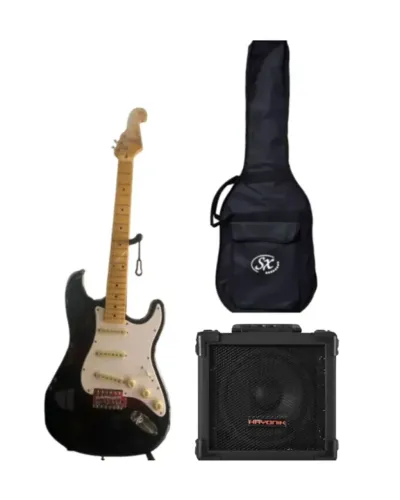 KIT GUITARRA SX VINTAGE SST62 BK C/ CUBO E CAPA PARA GUITARRA