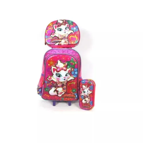 Kit Mochila De Rodinhas Infantil Feminina Da Gatinha 3d