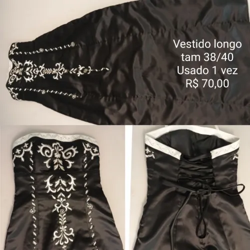 Vestido longo preto com detalhes bordados - Tam 38/40