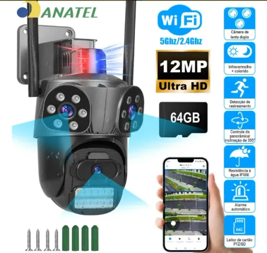 Câmera Tripla Interna Externa Inteligente 360° Wifi 4k Ultra  Cinza-escuro