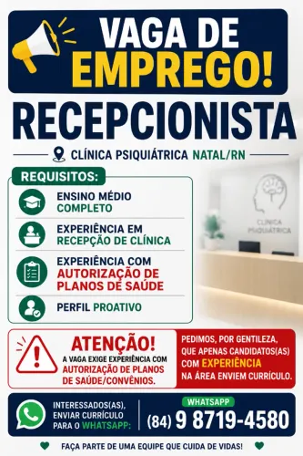 VAGA Recepcionista com experiência em autorização de planos de saúde (convênios)