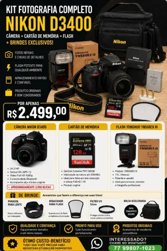 Câmera DSLR Nikon D3400, Alta definição 24MP com Lente 18-55 + acessórios