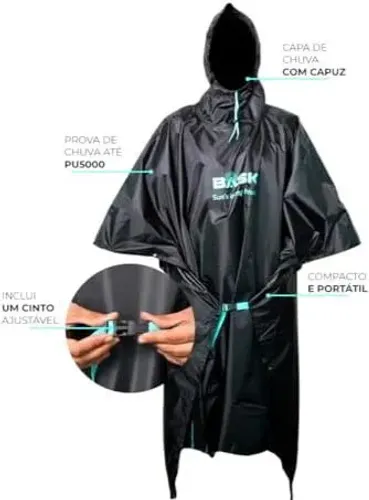 Capa De Chuva Preta Poncho com Capuz Bask, Tenda Barraca 3 em 1 Pesca