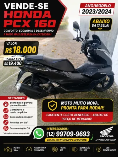 VENDO HONDA PCX 160 AUTOMÁTICA ANO 23/24 COM CHAVE PRESENÇA. MANUAL CHAVE RESERVA.