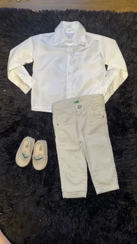 Conjunto Social Bebê Menino - Camisa Branca, Calça Bege e Sapato Tam. 18