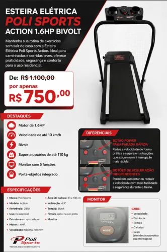 Esteira Elétrica Ergométrica Poli Sports Action Bivolt Preta