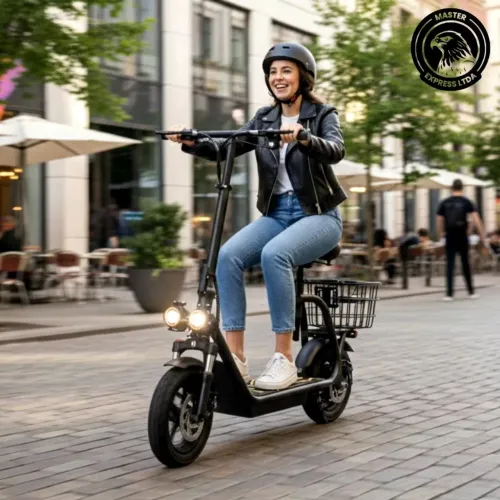 Scooter Elétrica 500W 48V com Banco, Caixa de Som Bluetooth, LED e Freio a Disco.