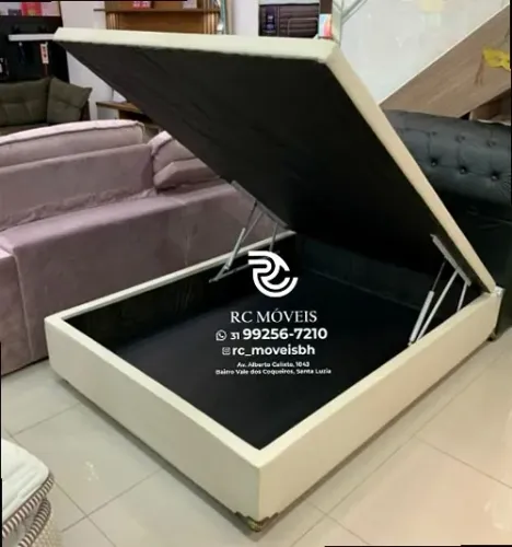 Conjunto cama box Baú Tamanho casal 1.38x1.88 Inteiriço Blindado com Pistão a Gás