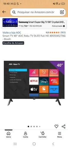 Smart TV 40" AOC Roku TV DLED Full HD 40S5045/78G<br><br>- Bivolt<br><br>Escolha da Amazon