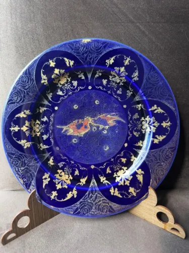 Prato Antigo Porcelana Karlsbad Azul Cobalto Dourado Vintage Europeu
