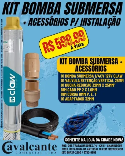 Bomba Submersa 1/4CV 127V + Acessórios para Instalação.