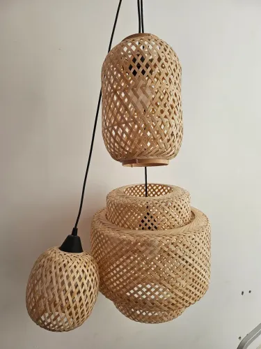 Kit Trio de Luminárias Pendentes em Bambu (Com Lâmpadas Inclusas)
