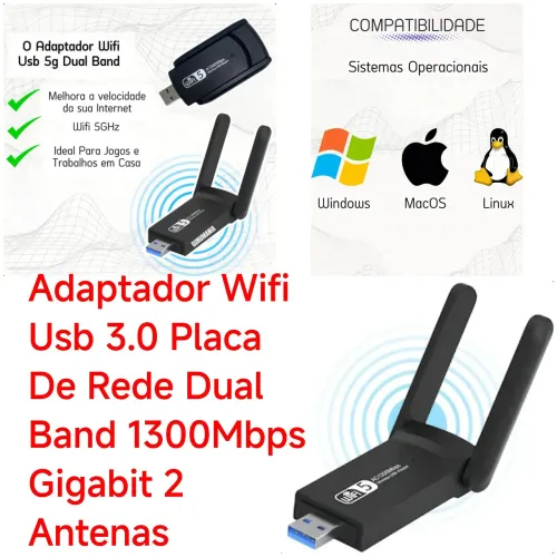 Adaptador Wifi Usb 3.0 Placa De Rede Dual Band 1300Mbps Gigabit 2 Antenas