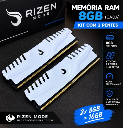 Kit 2 Memórias RAM Rizen Mode 8GB Cada Total 16GB, Dissipador Branco