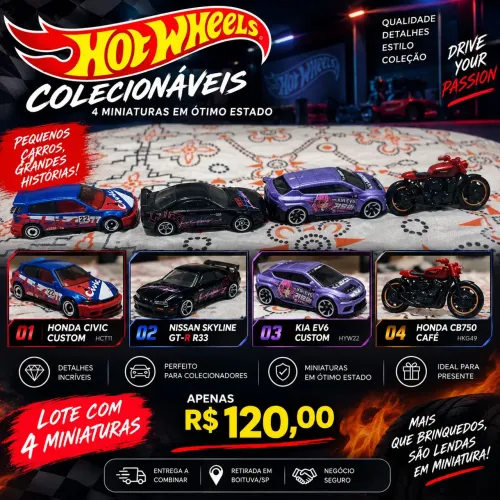 Lote 4 Hot Wheels Colecionáveis | Skyline R33 + Civic + Kia EV6 + CB750