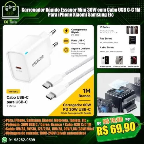 Carregador Rápido Essager Mini 30W com Cabo USB C-C 1M Para iPhone Xiaomi Samsung Etc