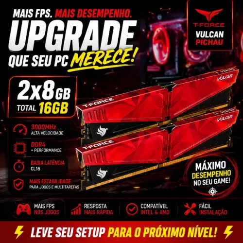 Memória 16GB RAM Team Group T-Force Vulcan Pichau 2x8GB DDR4 3000MHz