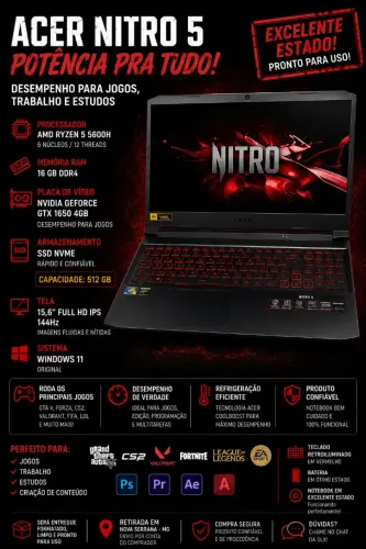 Acer Nitro 5 Gamer - Ryzen 5 5600H | 16GB RAM | GTX 1650 | SSD NVMe