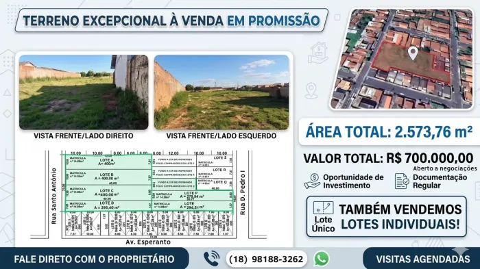 Terreno 2573m² em Promissão SP - Venda Total ou Lotes Menores (Direto com Proprietário)