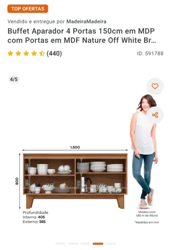 Buffet Aparador 4 Portas 150cm em MDP com Portas em MDF