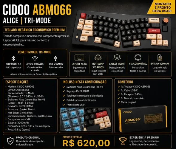 Teclado Mecânico Ergonômico CIDOO ABM066 Alice Tri-Mode Completo