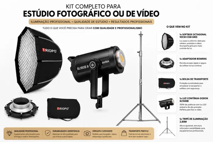 Kit Estúdio Godox + Softbox + Tripé de Inox