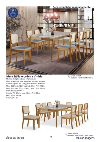 Mesa de jantar Itália tp vidro 2.00m c/ 08 cadeiras vitória