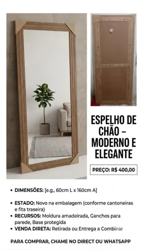 Espelho de Chão Retangular - Moldura Amadeirada (Novo)