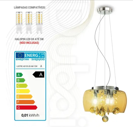 Lustre Bacia Com Cristais Legítimos - 28 Cm  / Âmbar
