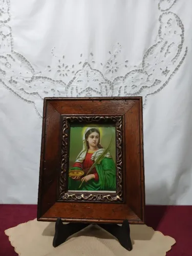 Antigo Quadro Gravura De Época Santa Luzia Moldura Madeira